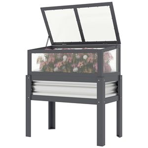 Fioriera rialzata con mini serra a ribalta, con gambe e rivestimento interno per fiori e verdure - Product Image 1