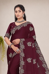 Sari en satin et mousseline de soie pour femme, personnalisable, style indien, broderie Swarovski, design Patola, style traditionnel, pour mariage, par Vexotrend - Product Image 6