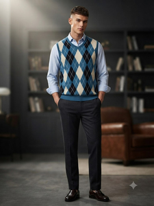 Custom Logo OEM Vibe Sewn <b>Argyle</b> Knitted Winter Men's Sleeveless <b>Sweater</b> Vest-Nylon/Acrylic off Shoulder - Product Image 4