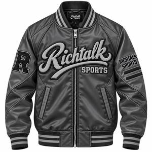 Blouson bomber gris en PU pour homme, col montant, fermeture éclair, coupe sportive, coupe régulière, coupe-vent, vêtement d'hiver, logo frontal, doublure polaire - Product Image 1