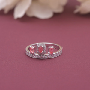 IGI Certified Fancy <b>Pink</b> Lab Grown Diamond Three Stone Ring 9K White / Rose & Yellow Gold Emerald Cut Halo Ring for Women - Product Image 1