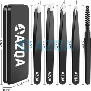 Ensemble professionnel de 4 pinces à épiler en acier inoxydable avec revêtement noir, pointes inclinées et brosse à cils au design personnalisé - Product Image 2