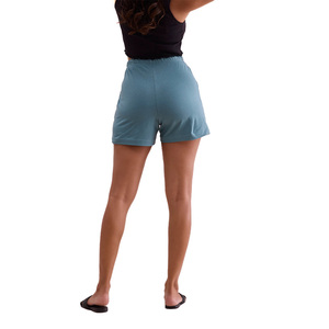 Shorts Casuales de Algodón para Mujer, Cintura Alta, Cierre de Botones, Color Sólido, con Bolsillos, Corte Regular, Azul Claro Lavado, con Logotipo - Product Image 3