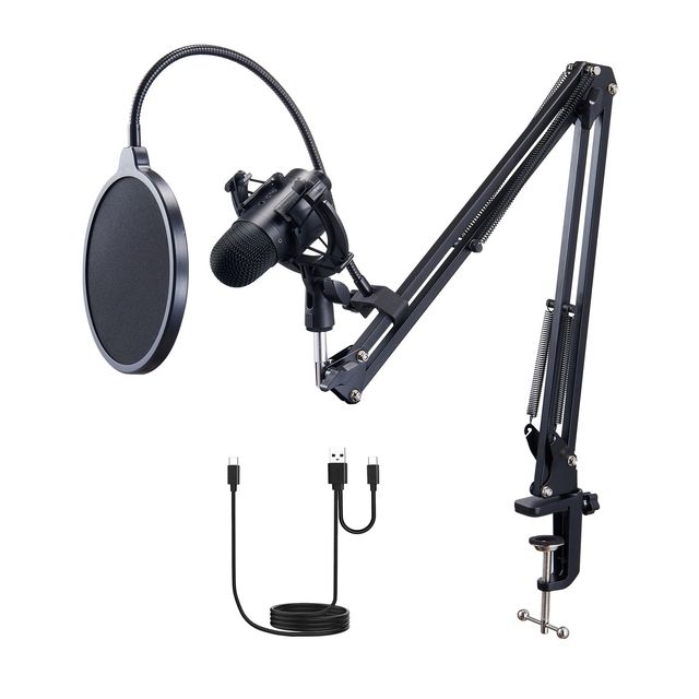 Professional USB Microphone Kit 192kHz/24 Bit Condenser Microphone with Boom Arm Stand Pop Filter Shock Mount Mute Button He