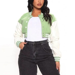 Veste courte pour femme personnalisée avec patchs en chenille brodés, manches en cuir véritable, doublure en laine, tissu imprimé - Product Image 1