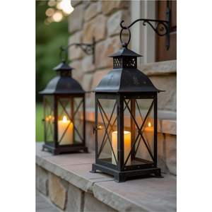 Lanterne à bougie vintage en métal noir, support décoratif en verre pour pilier, à suspendre, pour extérieur, jardin, patio, centre de table de mariage - Product Image 1