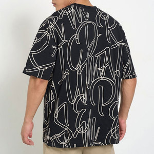 T-shirt à manches courtes noir pour homme avec motif de lettres blanches Coupe classique Col rond Style décontracté Tissu jersey 100% coton - Product Image 2