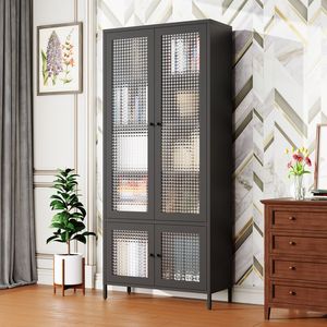 Large Freestanding Metal Storage Cabinet with 4 Glass Doors and 5 Shelves Bedroom Bookcase Display <b>Side</b> Cabinet for Living Room - Product Image 1