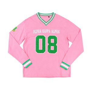 T-shirt rose à manches longues pour femme, style baseball, avec broderie de blason et numéro, en coton décontracté - Product Image 1