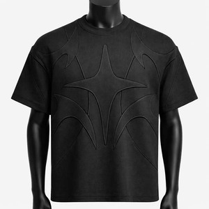 Camiseta de Manga Corta para Hombre, Negra, con Patrón Geométrico en Relieve, Corte Regular, Cuello Redondo, Informal, Tejida, 100% Algodón - Product Image 1