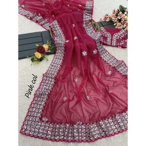 DISEÑADOR GEORGETTE BORDADO SECUENCIA TRABAJO SAREE CON BLUSA DESCOSTADA ROSA - Product Image 1