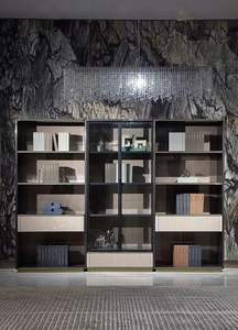 Ensemble de bureau de direction de luxe moderne, design italien, table de patron haut de gamme en cuir incurvé avec bibliothèque - Product Image 3