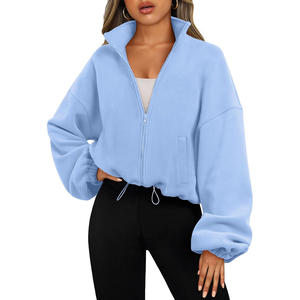 Sudadera Oversize de Forro Polar Azul Claro con Cremallera para Mujer, Cuello Alto, Hombros Caídos, Manga Larga, Estilo Corto, Tendencia OEM para Otoño - Product Image 6