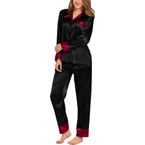Women's Black Satin Pajama Set <b>Long</b> <b>Sleeve</b> Full Length Mandarin Collar Solid Color Smooth Classic Sleepwear Autumn Wear - Product Image 1