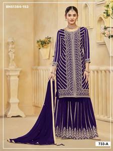 Traje Plazzo Semisentado de Seda Georgette con Bordado de Hilo Zari y Lentejuelas para Mujer - Uso Ocasional - Product Image 5