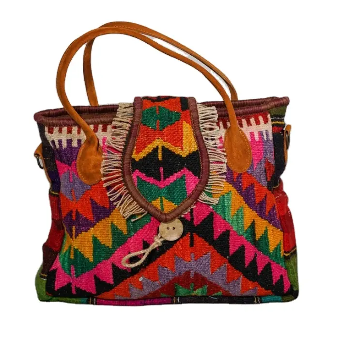 Hand Woven Antique Rug and Leather Combination Boho Style Crossbody Bag Crossbody Bag office were handmade `woven bag