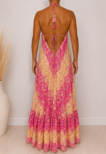 Magnifique robe longue pour femme, couleur claire, style bohème, sans manches, col en V, dos nu, fluide, pour l'été et la plage, avec ourlet à volants, assortiment varié - Product Image 4