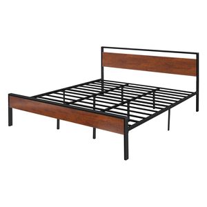 Cadre de lit plateforme en métal noir de 14 pouces, tête de lit et pied de lit en bois brun rétro, grand lit king size avec rangement sous le lit, lits en métal rétro - Product Image 1
