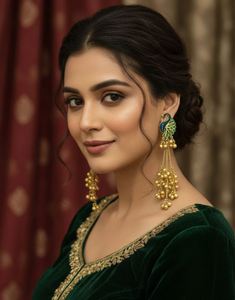Pendientes de Alta Calidad, Tradicionales de la India, de Aleación de Zinc Chapados en Oro, con Diseño Geométrico, Estilo Vintage, con Cristales Étnicos de Pavo Real para Mujer - Product Image 2