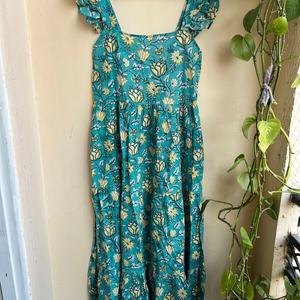 Robe longue vintage en coton indien avec broderie florale imprimée à la main, col carré, style tunique, pour femmes - Product Image 1