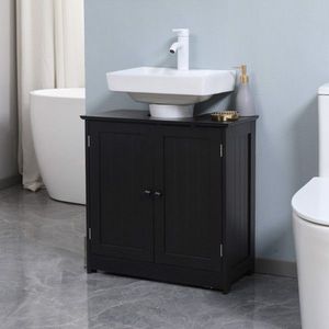 Mobile da Bagno Nero con 2 Ante e Ripiano, Elegante Armadietto per Bagno - Product Image 1