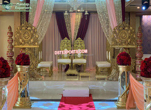 Conjunto de sillas de boda de diseño para novio, juego de Mandap tallado de Metal dorado, para novia y novio - Product Image 4