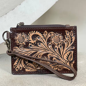 New Designer Hand Tooled Genuine Leather Floral Pattern Western Style Credit <b>Card</b> Holder Luxury Mini Unisex Zipper <b>Wallet</b> - Product Image 4
