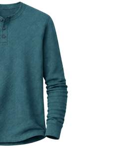 Camiseta térmica de manga larga para hombre, estilo waffle, color azul verdoso, informal, con cuello de botones, para invierno, de algodón, corte ajustado, tela transpirable - Product Image 3