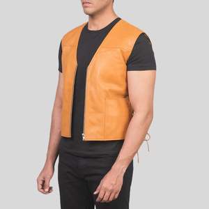 Gilet de motard réversible en cuir et toile pour homme Varsity Starters, couleur Tan, fermeture éclair, respirant, anti-UV, style urbain, personnalisable OEM - Product Image 2