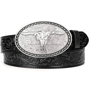 Cinturón de herramientas de cuero occidental de moda para hombres suave y ajustable con tallado a mano en relieve floral y hebilla de toro de forma ovalada - Product Image 5