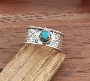 Vintage Blue Patina Sterling <b>Silver</b> Turquoise Bezel Setting <b>Ring</b> Handmade Distressed Wide Band <b>Men</b> Women Jewelry Antique <b>Wedding</b> - Product Image 5