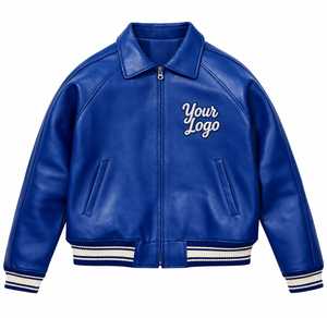 Blouson Bomber en Cuir Bleu Personnalisé pour Hommes, Veste Streetwear avec Logo Personnalisé OEM/ODM, Cuir de Vachette Véritable - Product Image 6