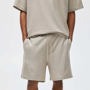 Harry Johnson Production OEM ODM Men's Beige Crew Neck T-Shirt <b>Set</b> Solid Color <b>Knitted</b> Cotton Casual Summer Shorts Outfit - Product Image 2
