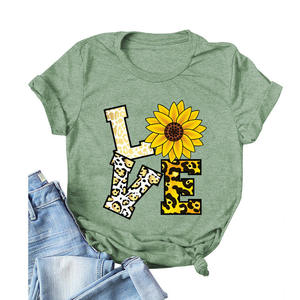 High Quality Cotton Short Sleeve T-Shirt with Creative Sunflower Love Printed Valentine's Day Casual O-Neck Shirt - Product Image 4
