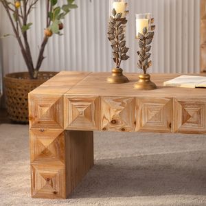 Tavolino da Caffè Rettangolare in Legno Massello e MDF con Rilievo Geometrico Rustico e Dettagli Intagliati in 3D per Soggiorno, 120 cm - Product Image 3