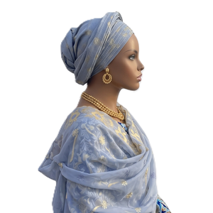 Hijab en voile de coton africain pour femmes, brodé de fleurs, orné de strass, bleu et jaune, léger, respirant, écharpe ethnique pour usage quotidien - Product Image 3