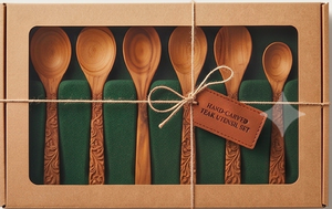 Ensemble de cuillères de service en bois sculptées à la main avec des poignées florales, design traditionnel, bois naturel, pour la restauration et l'usage quotidien - Product Image 4
