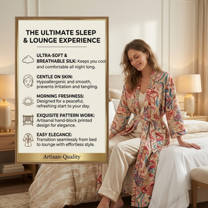 Bata Kimono de Algodón Estampada a Mano con Diseño Floral Crema, Bata Larga para Descansar con Cinturón Ajustable, Estilo Boho para Resort o Playa - Product Image 3