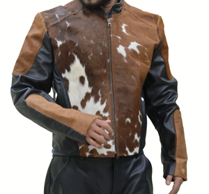 Blouson en cuir de vachette pour homme, style motard, patchwork cuir de vachette à poils, imprimé animal marron et blanc, fermeture éclair, col montant - Product Image 1