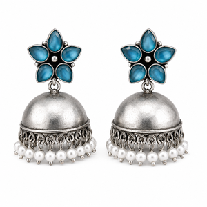 Blue Stone <b>Oxidized</b> Silver Jhumka Earrings for Women Bollywood Ethnic Traditional Pearl Drop Earrings Wholesale Indian Jewelry - Product Image 3