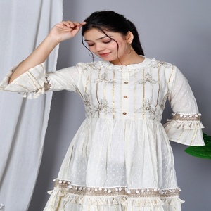 Chic Ivory Cotton Women's Fit and Flare <b>Kurti</b> with Delicate Embroidery Lace Details and Feminine Tiered Design - Product Image 3