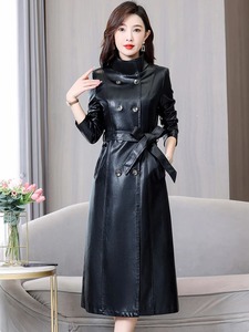 Manteau long en cuir véritable pour femme, col montant, double boutonnage, coupe ajustée, mode automne-hiver - Product Image 6