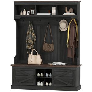 Mobile ingresso 3-in-1 in finto legno nero con appendiabiti a parete, panca e scarpiera: funzionale ed elegante - Product Image 1
