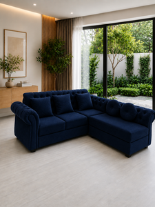 Canapé modulaire Emerald Origin avec ensemble bleu marine boutonné, dossier capitonné écologique, accoudoirs roulés, design contemporain pour salon d'appartement - Product Image 1
