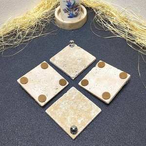 Elegant Travertine <b>Coaster</b> Set of 4 Tumbled Square Natural Stone <b>Coasters</b> With <b>Silver</b> Ball Accessory for Coffee Table Tea - Product Image 4