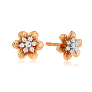 Boucles d'oreilles en or rose avec fleurs et diamants, diamants de laboratoire taille brillant rond, bijoux romantiques pour femmes à porter au quotidien - Product Image 2