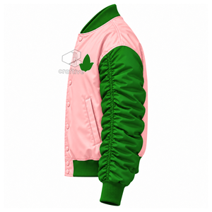 Alfa |   Kapa |   Chaqueta Universitaria de Satén con Bloques de Color Rosa y Verde para Mujer, Marca Alpha, con Botones a Presión y Mangas Abullonadas - Product Image 3