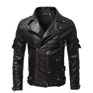 Men's Leather Motorcycle <b>Jacket</b> Turn-down Collar Zipper Closure Belted <b>Slim</b> <b>Fit</b> Autumn Winter Solid Color - Product Image 1