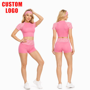 High Quality Custom Logo Women 3 Piece Color Block Polka Dot <b>Crop</b> <b>Top</b> Booty Shorts Matching Headband Swim Gym Set Low MOQ - Product Image 3