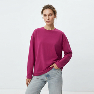 เสื้อยืดโอเวอร์ไซส์ผู้หญิง แขนยาว 220GSM ขายส่ง เสื้อยืดวิ่งออกกำลังกายรักษ์โลก คอกลม ผ้าฝ้ายคุณภาพสูง ทรงหลวม - Product Image 1